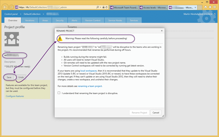 How to rename a Team Project in TFS 2015